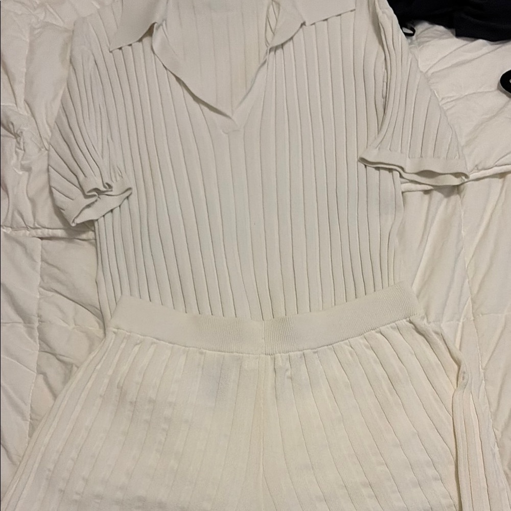 White Ribbed Knit Top and Short Set